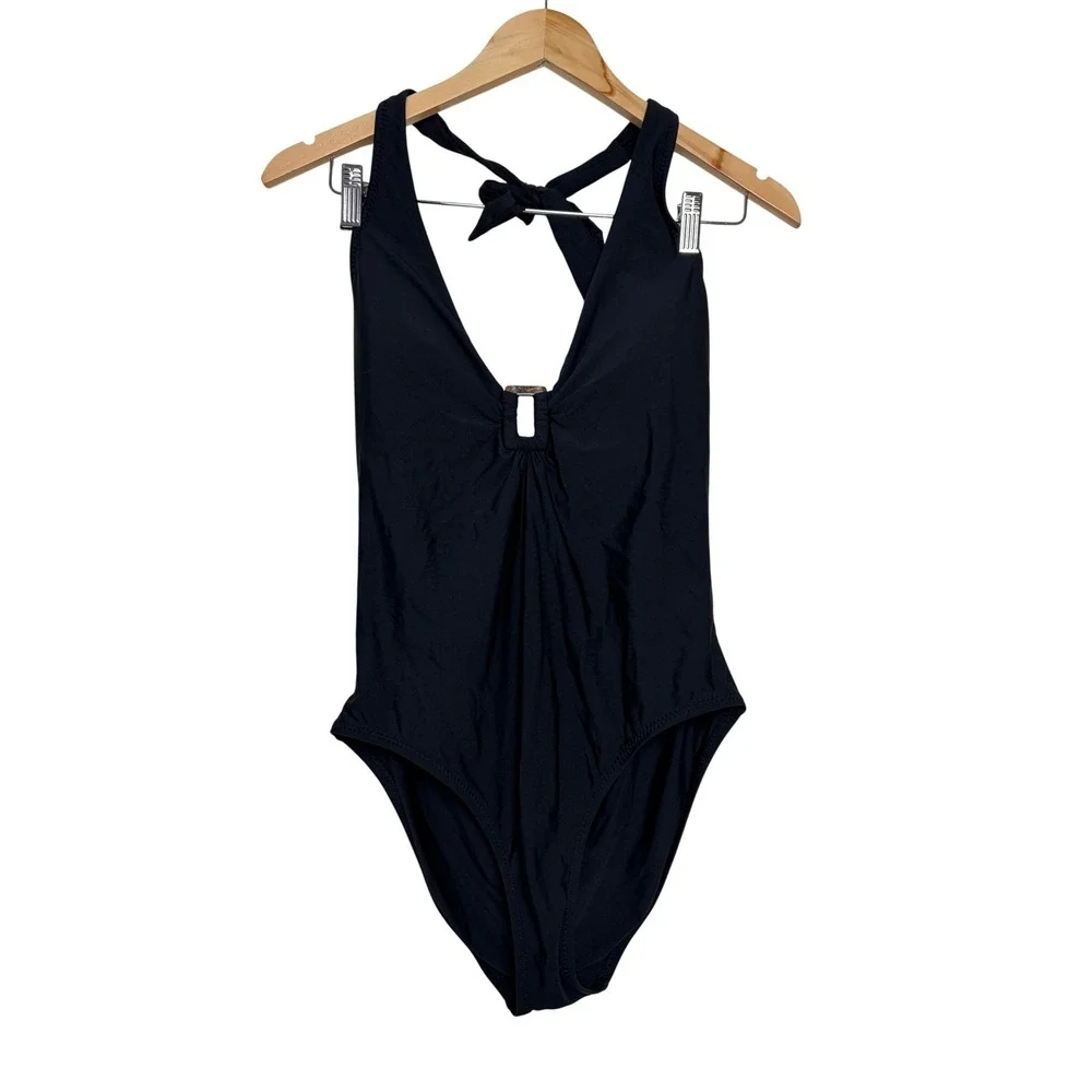 Helen Jon Womens Halter One Piece Swimsuit Black Tortoise Ring Detail Size L